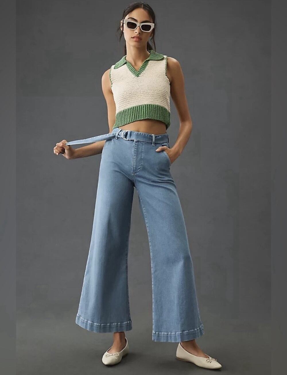 Frame Le Palazzo Belted Flare Wide Leg Pants Jeans in Danbury Blue Size 27 Retro